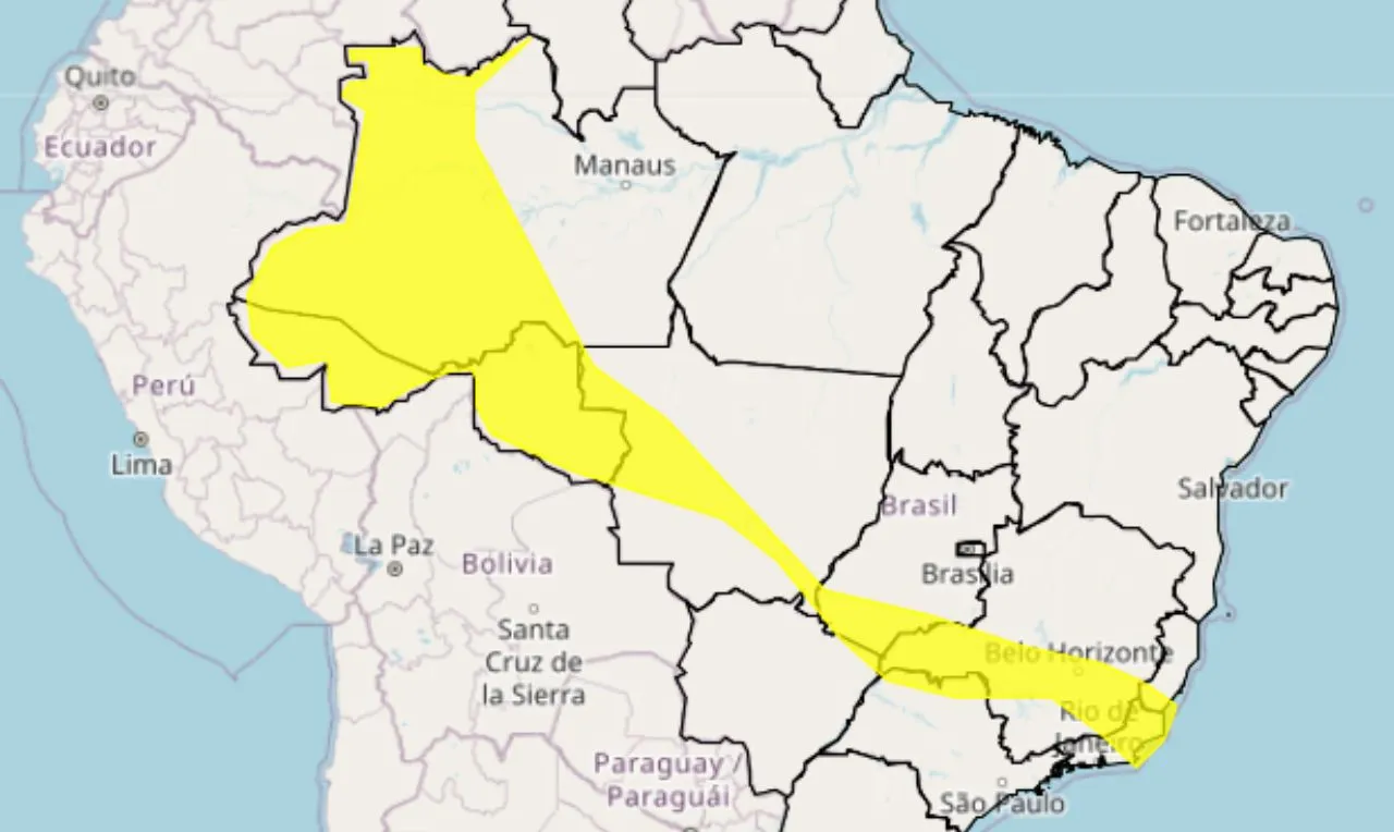 Trata-se de um alerta amarelo para chuvas intensa e ventania nas regiões norte, centro-oeste e sudeste do país